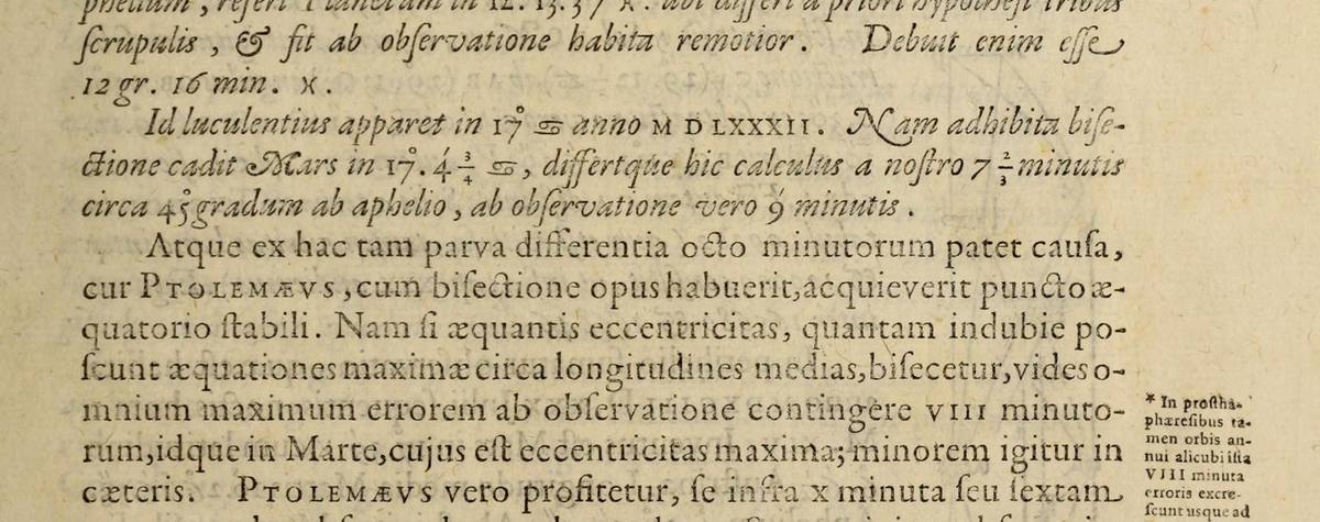A page of the 1609 Astronomia Nova in italic and roman type: the passage on the 1582 position and the eight-minute error.