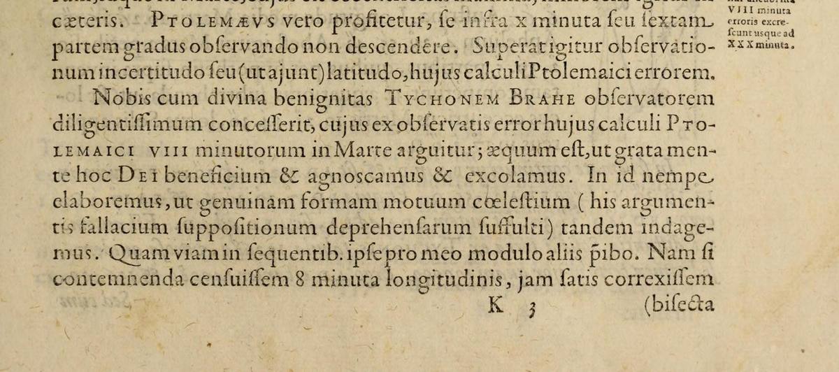 The continuation: 'Nobis cum divina benignitas Tychonem Brahe observatorem diligentissimum concesserit', with a marginal note about thirty minutes.