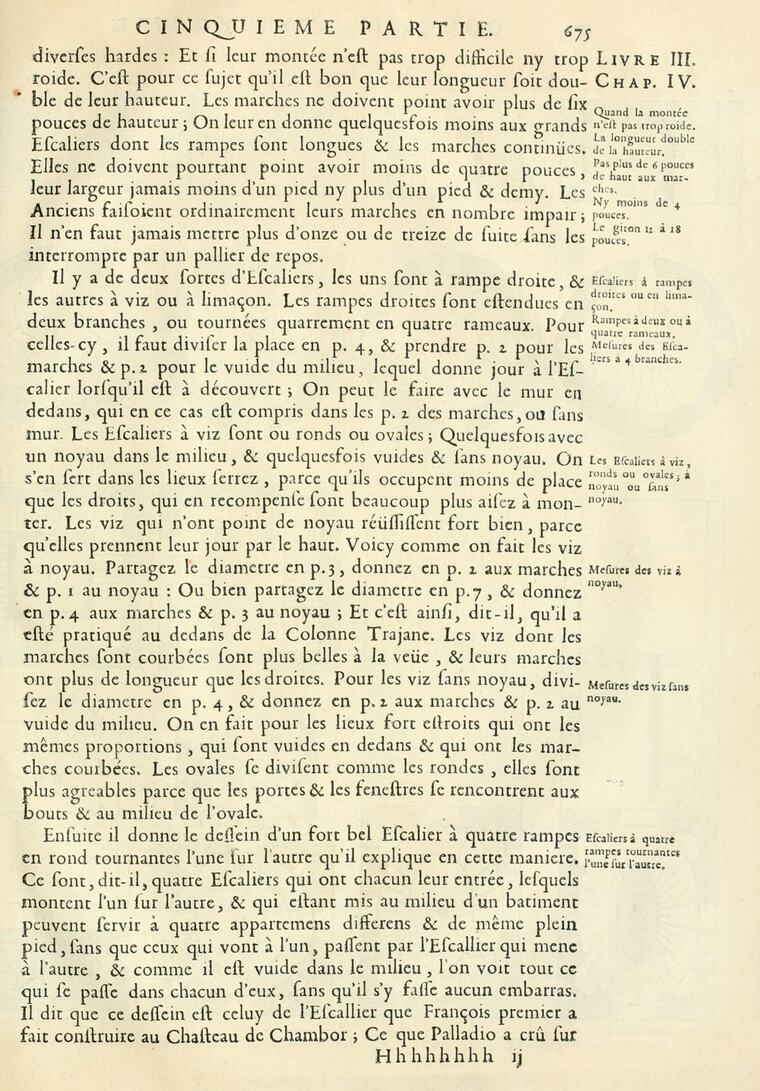 Page 675 of Blondel's Cours d'architecture, part 5, Paris 1683: two blocks of French text with marginal notes. In the tinted view, almost every line is blue; three consecutive lines near the top are red.