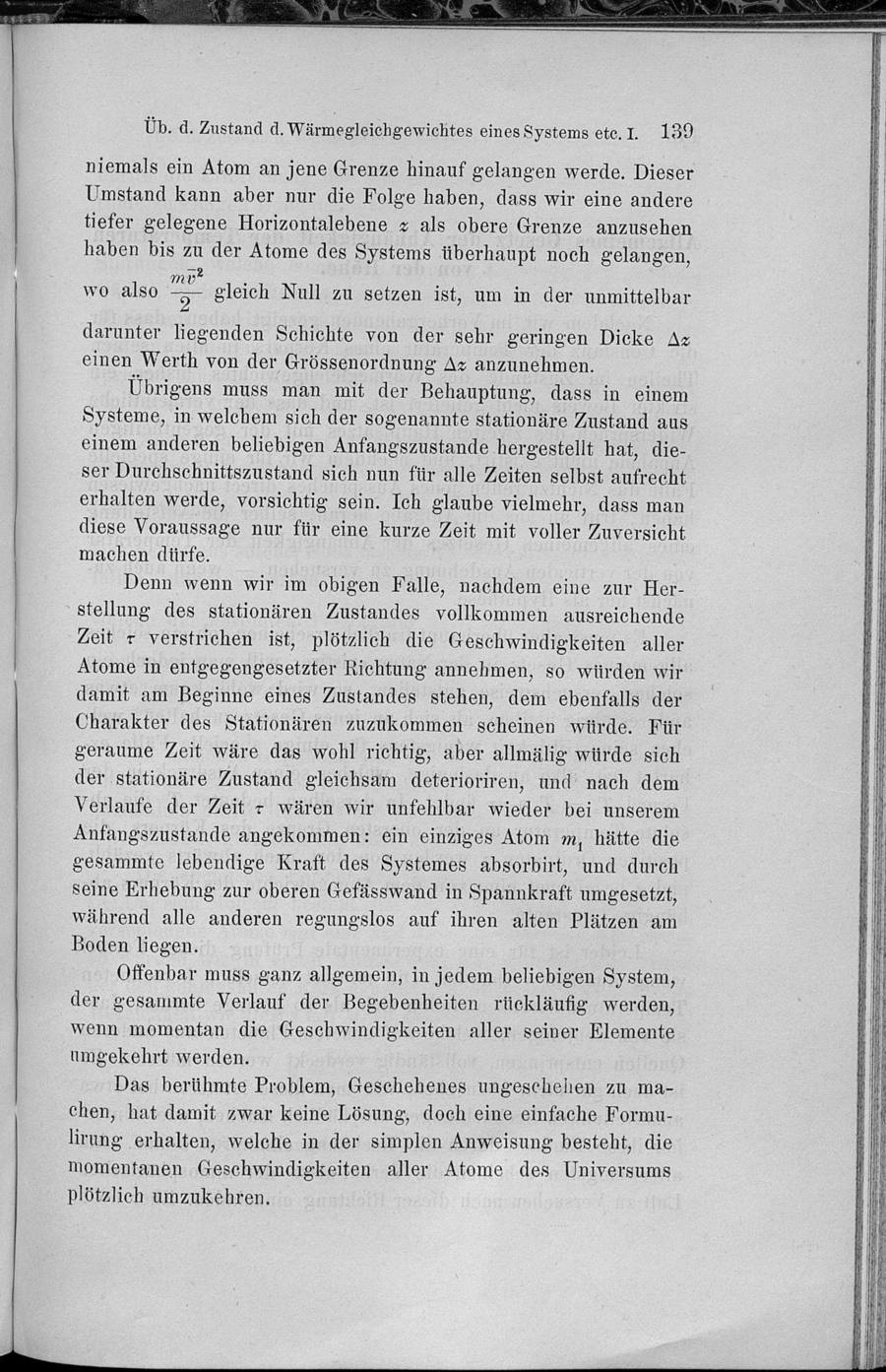 Page 139 of the Wiener Sitzungsberichte volume 73, 1876, from Loschmidt's paper, including the paragraph about reversing the velocities of all atoms of the universe.