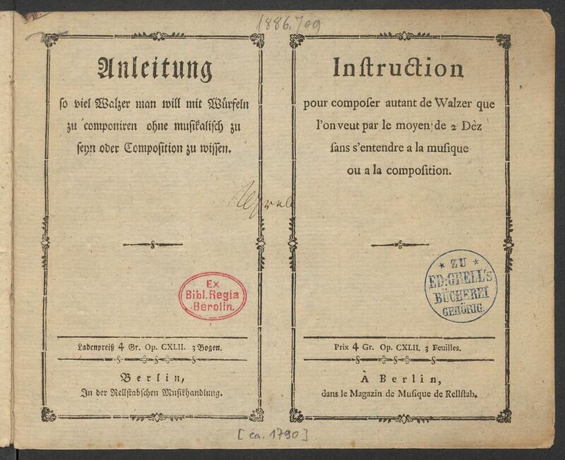 Title page of the Rellstab edition: Anleitung so viel Walzer man will mit Würfeln zu componiren, Berlin, Rellstab, Op. CXLII. No composer is named.