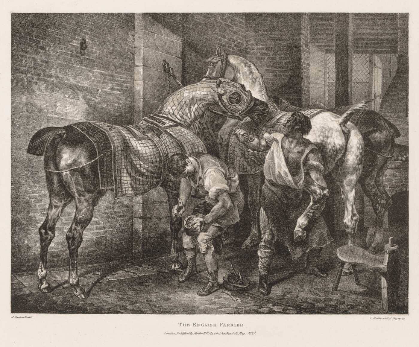 A nineteenth-century lithograph of a brick stable. A farrier in a leather apron stands bent double with his back to the viewer, holding a horse's raised hind hoof clamped between his knees while he works on it with both hands. A discarded horseshoe lies on the flagstones by his boot, and a second man holds a dapple grey horse in a patterned rug.