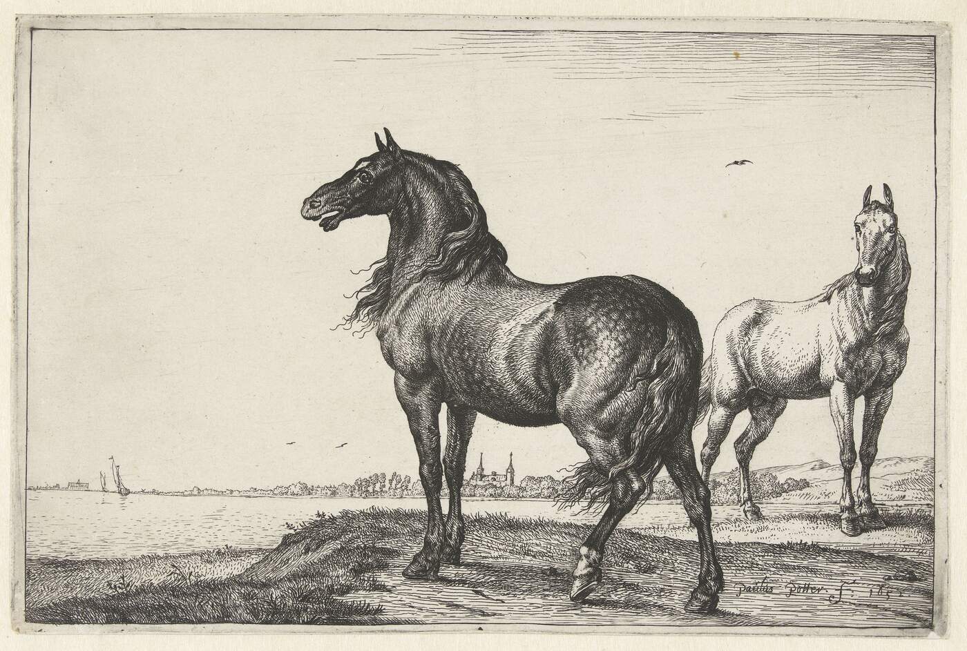 An etching of two horses on a riverbank with a town on the far shore. The nearer black horse has its head raised and turned, jaw dropped and mouth open in mid-call, with its mane blown forward.