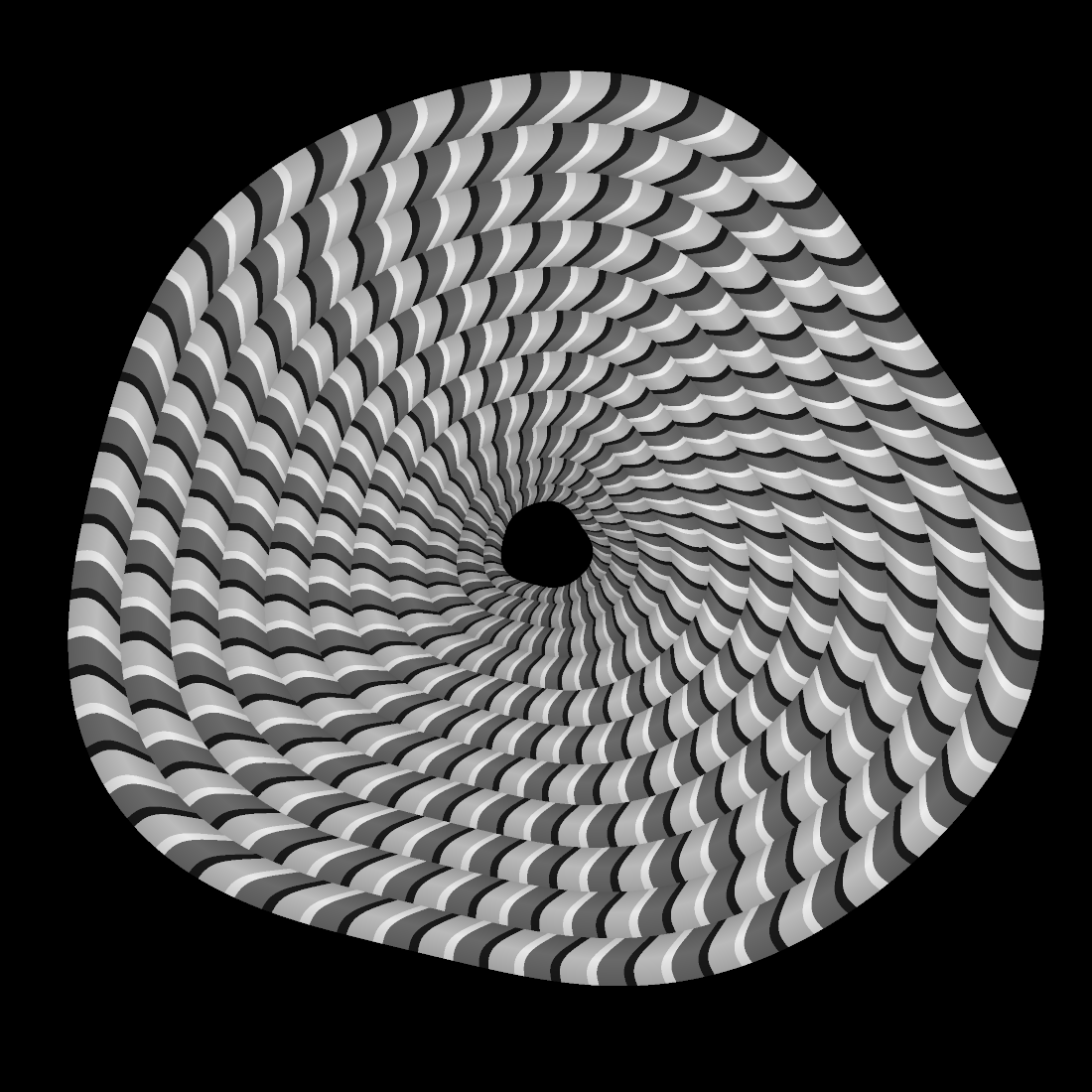 A vortex of curved bands with a narrow black sliver, a broad mid grey, a narrow white sliver and a broad light grey repeating around each band.