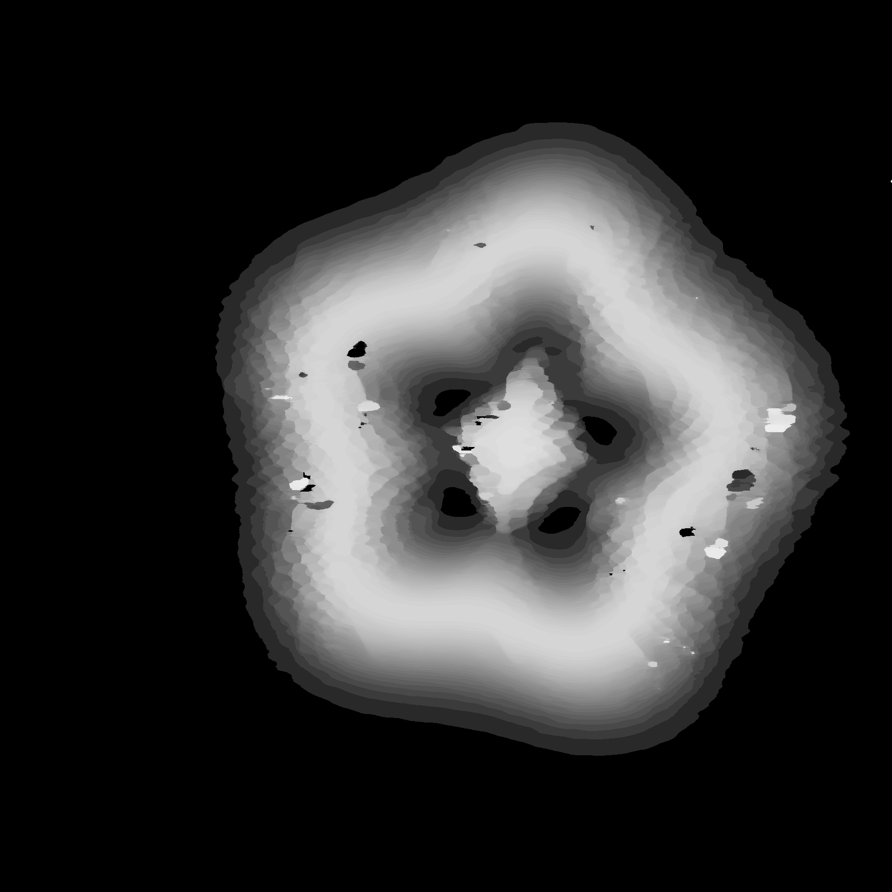 A greyscale map showing a five-lobed ring and a small central diamond, brighter where the surface is nearer.