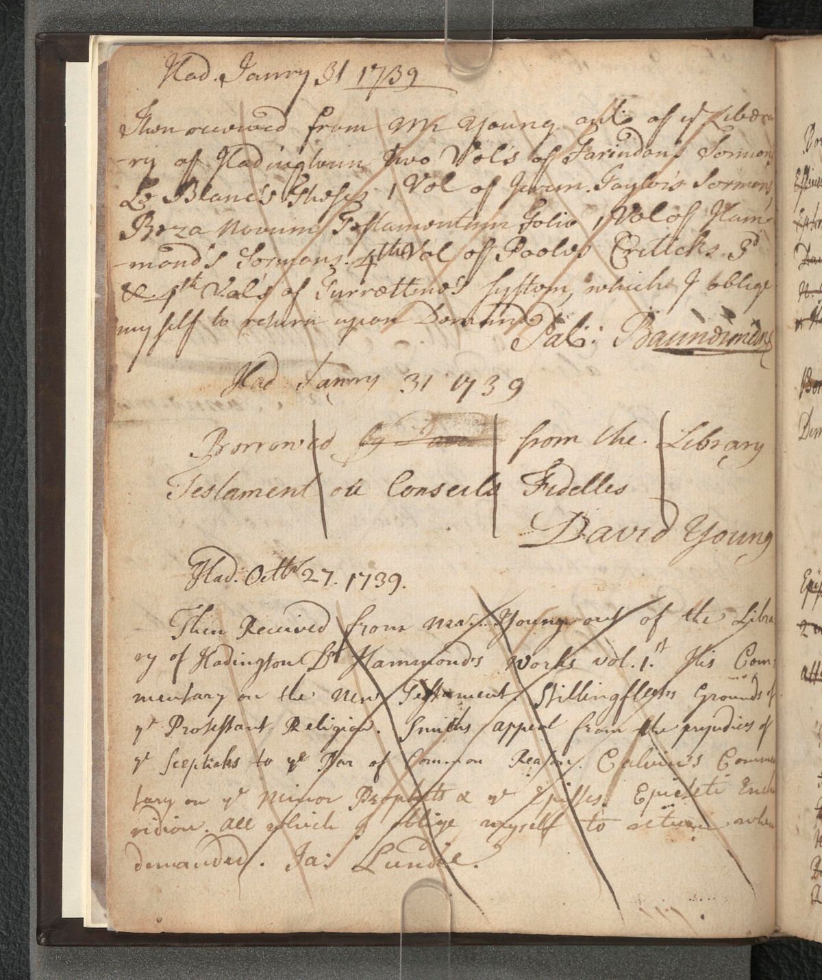 Haddington manuscript page headed January 31 1739, with book entries and Pat Bannerman as borrower