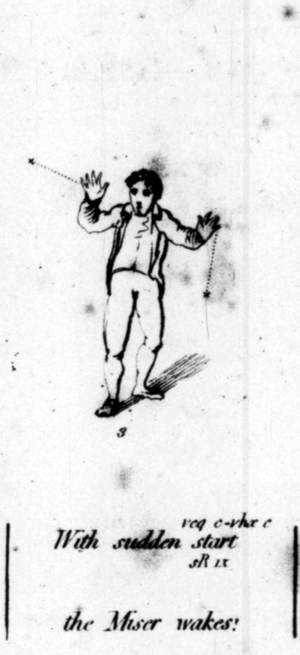 Plate 12, figure 3, from the UNCG copy: a man in a long coat starts back, arms raised, with the caption With sudden start the Miser wakes and the marks veq c, vhx c and sR1x engraved over and under the words